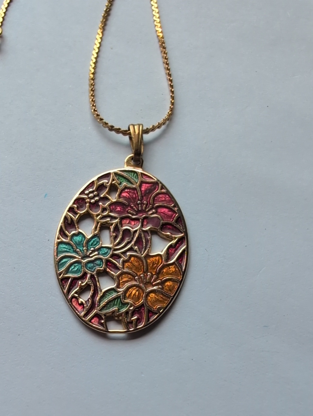 Vintage Cloisonne Enamel Floral Oval Pendant Filigree Gold Tone 70s Boho